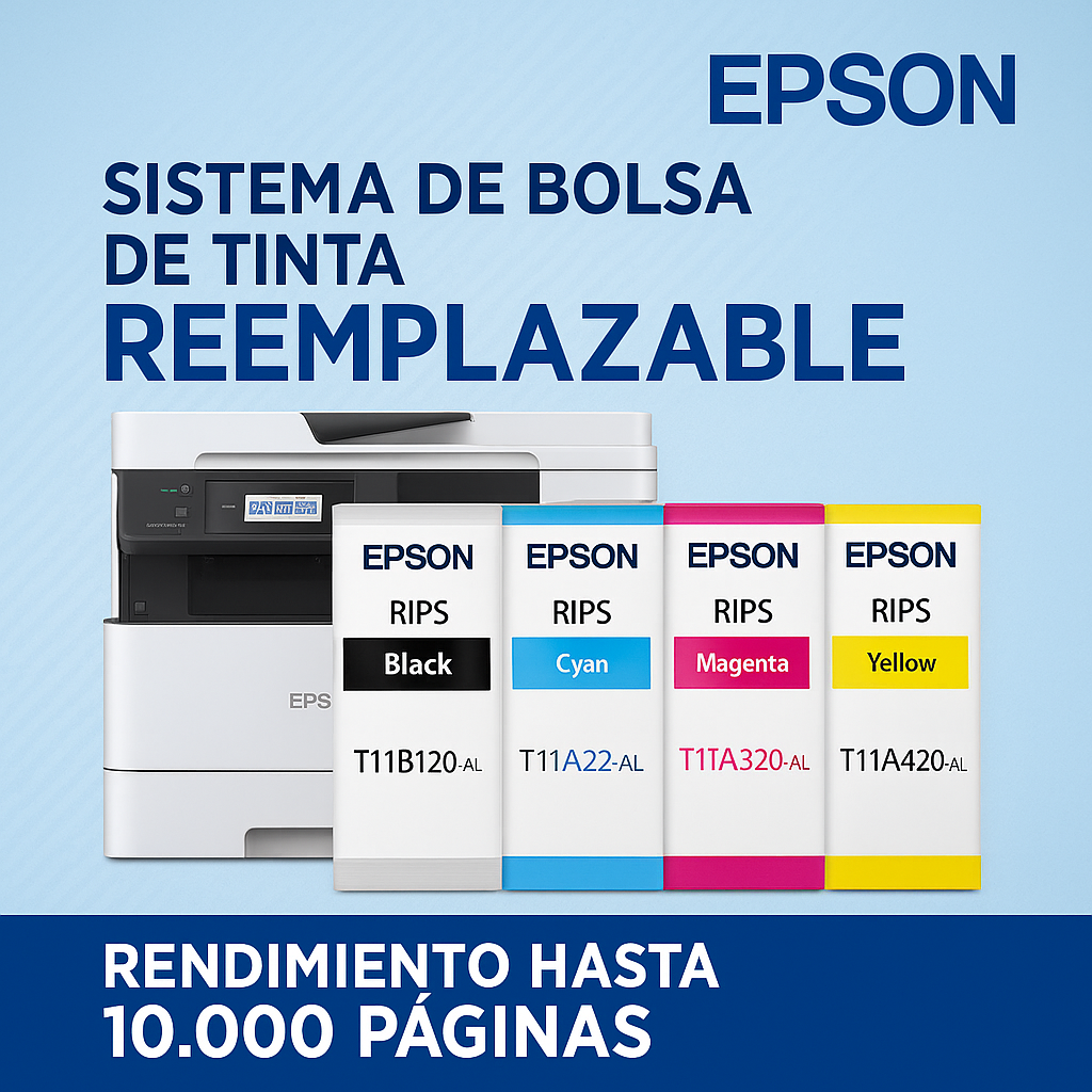 Tinta Epson T11B1 (Negro), T11A2 (Cian), T11A3 (Magenta), T11A4 (Amarillo). Máximo rendimiento