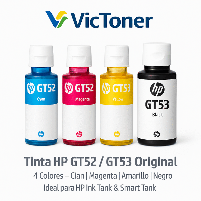 Tinta HP GT52 / GT53 Original – Botellas de recarga 4 colores (Cian, Magenta, Amarillo, Negro)