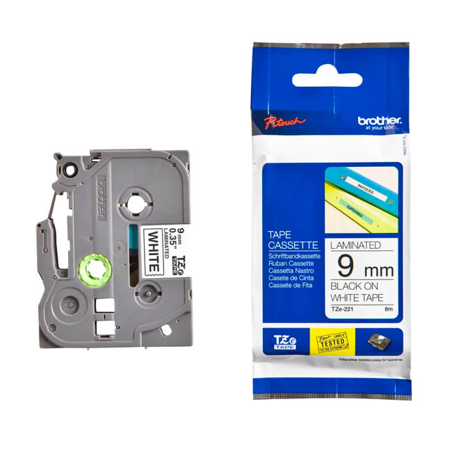 Cinta Brother TZe-221 (9mm x 8m) – Negro sobre Blanco | Original