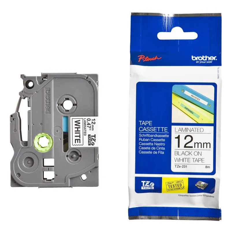 Brother TZe-231 (12mm × 8m) – Negro sobre Blanco