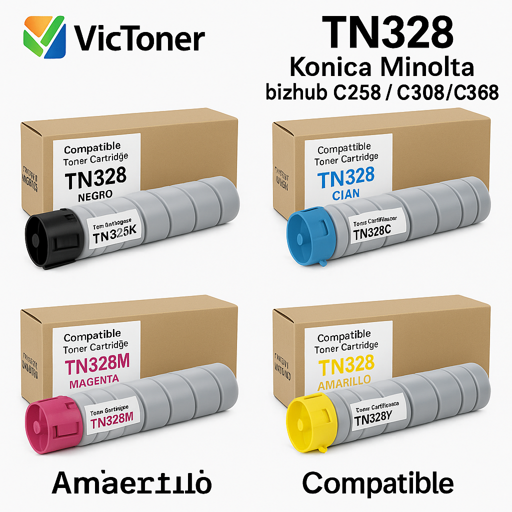 Tóner Compatible VicToner TN328 | Konica Minolta bizhub C258 / C308 / C368 | Pack de 4 colores (CMYK) - PACKX4