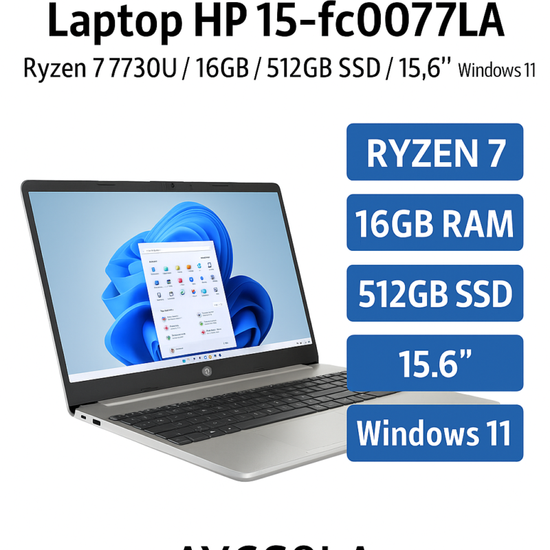 Laptop HP 15-fc0077LA Ryzen 7 7730U 16GB 512GB SSD 15.6″ Windows 11 – AY6S8LA
