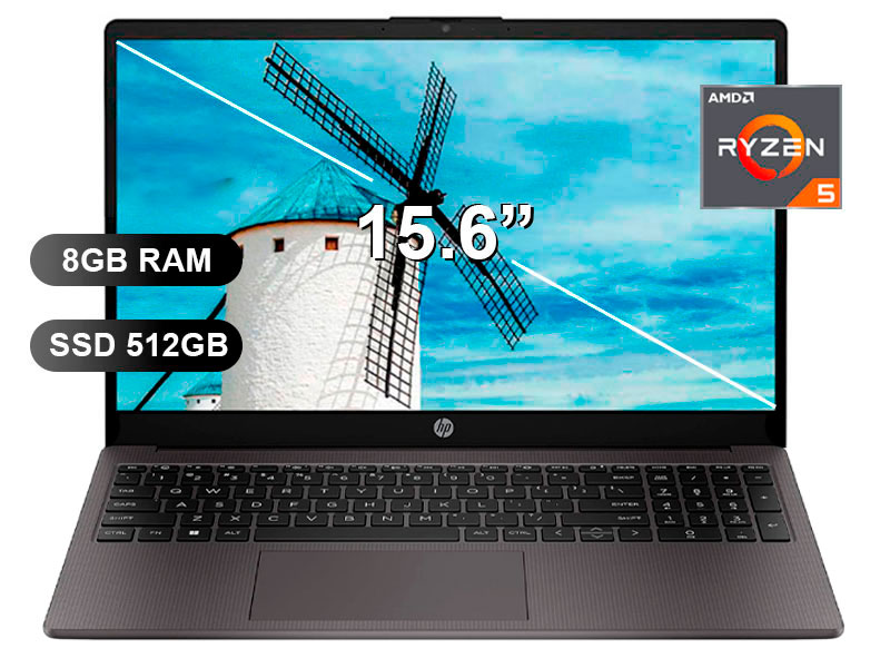 Laptop HP 255 G10 con procesador Ryzen 5 7520U, 8GB de RAM y 512GB SSD. Pantalla de 15.6”, ideal para oficina, estudio y trabajo remoto. Equipo nuevo con FreeDOS.