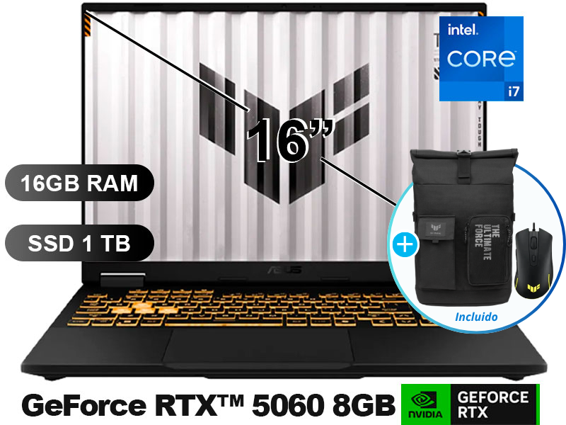 LAPTOP ASUS TUF GAMING F16 FX608JMR-RV197 I7-14650HX/ 16GB/ SSD1TB/ RTX5060-8GB/ 16"