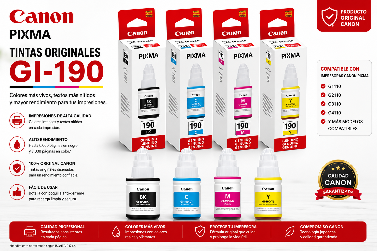 Tintas Canon GI-190 Original CMYK 135ml+70ml - 6000/7000 Págs para PIXMA G1100 G2100 G3100 G4100